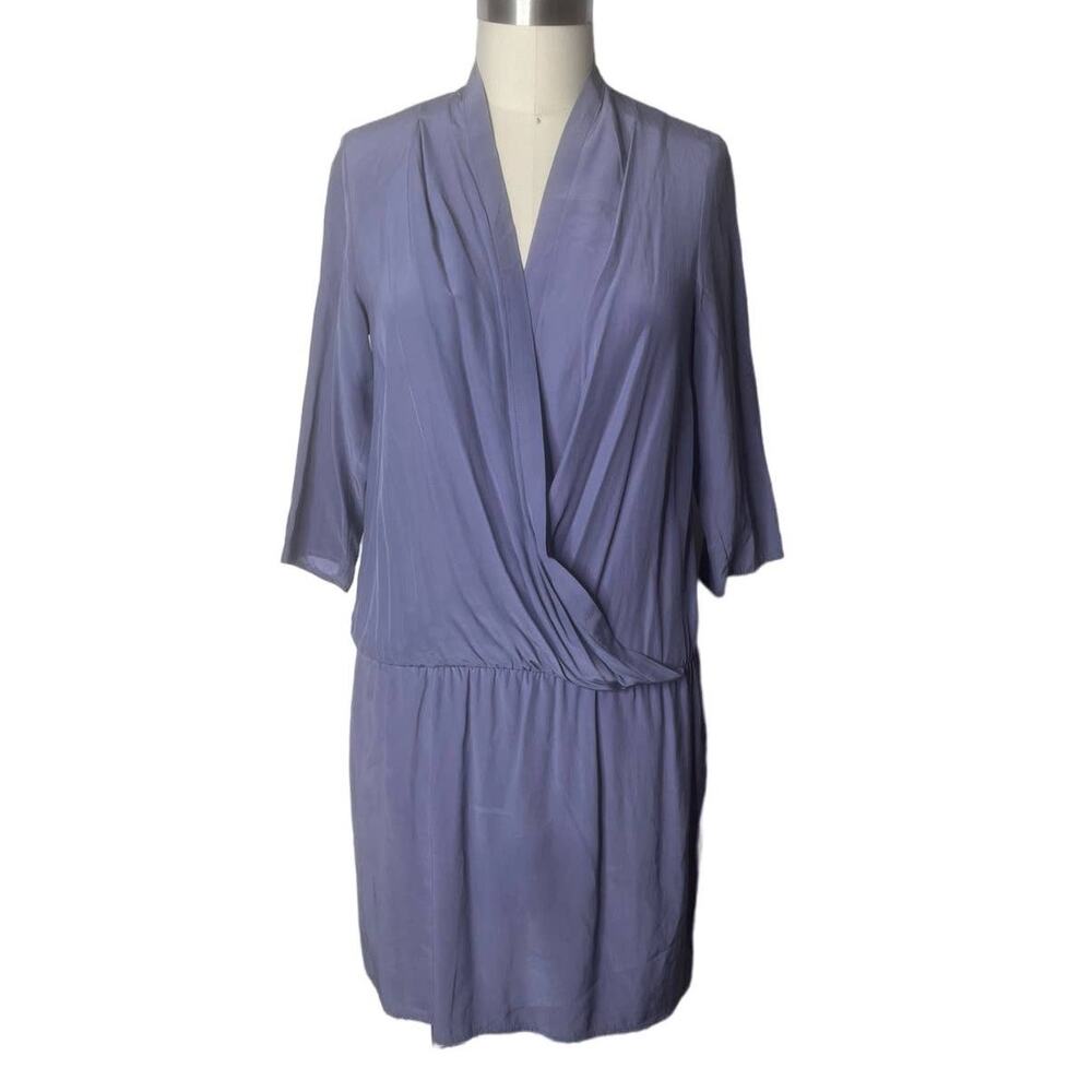 Amanda Uprichard Cool Grey Silk Drop Waist 3/4 Sleeve Faux Wrap Mini Dress P